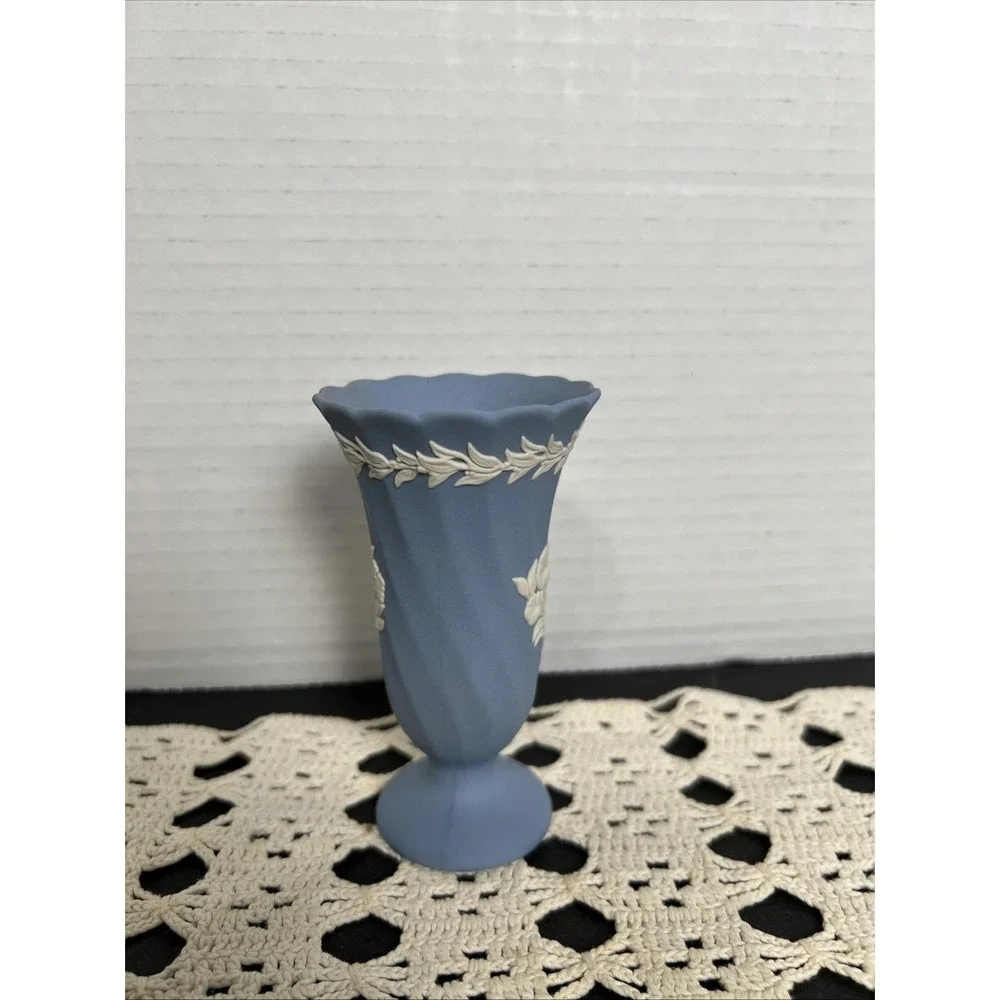 🏺✨ Wedgwood Jasperware Light Blue Flared‎ Trumpet Vase w/ Pedestal Foot